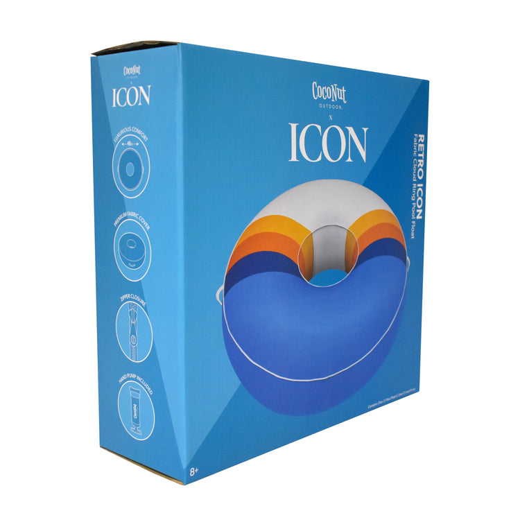 Blue packaging box for a product named 'Icon' with a colorful design on a white background