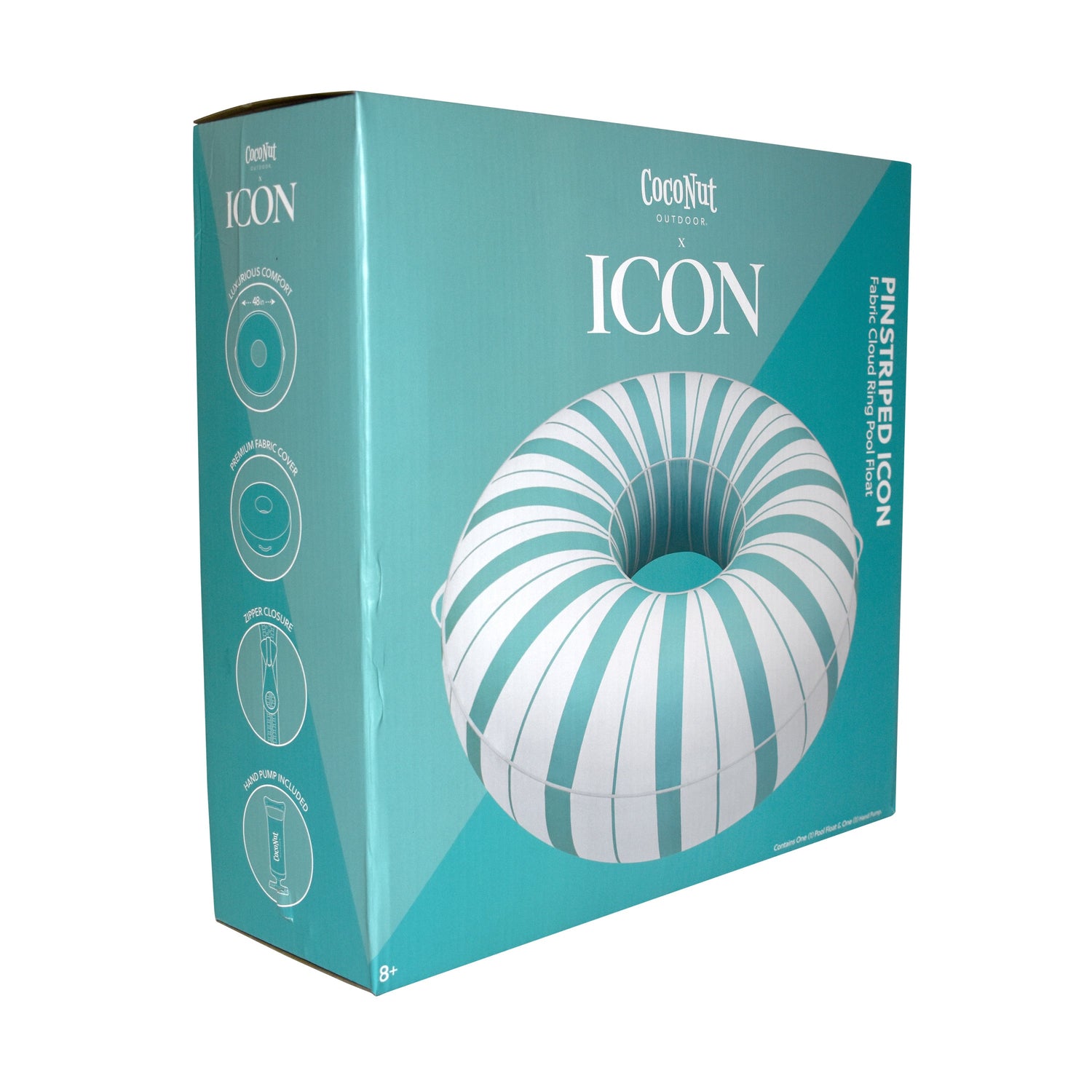 Teal packaging of a striped product with 'Icon' branding on a white background