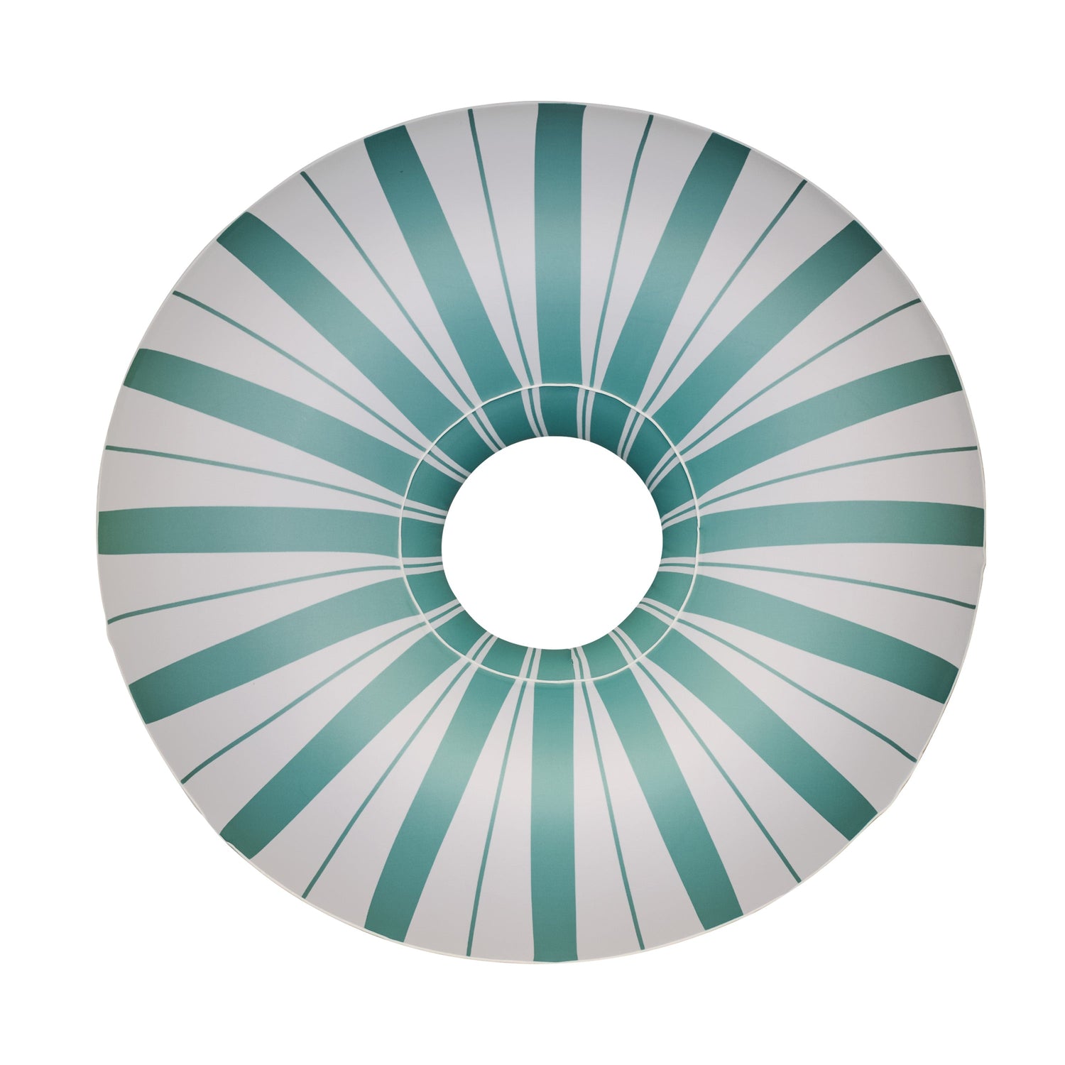Round decorative item with green and white striped pattern on a white background