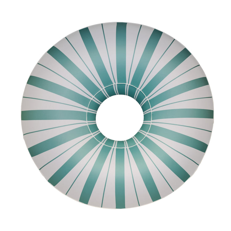 Round decorative item with green and white striped pattern on a white background