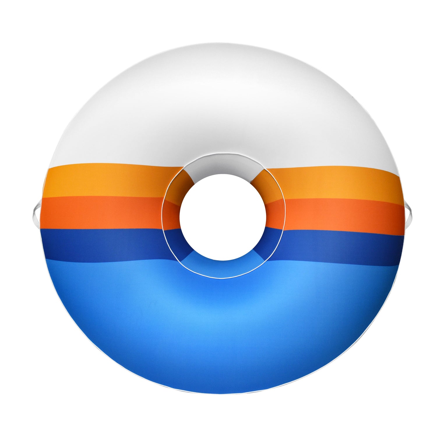 Colorful inflatable ring with orange and blue stripes on a white background