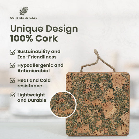 Square cork board with a rope handle on a white background