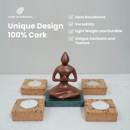 Four cork coasters with embedded candles on a white background