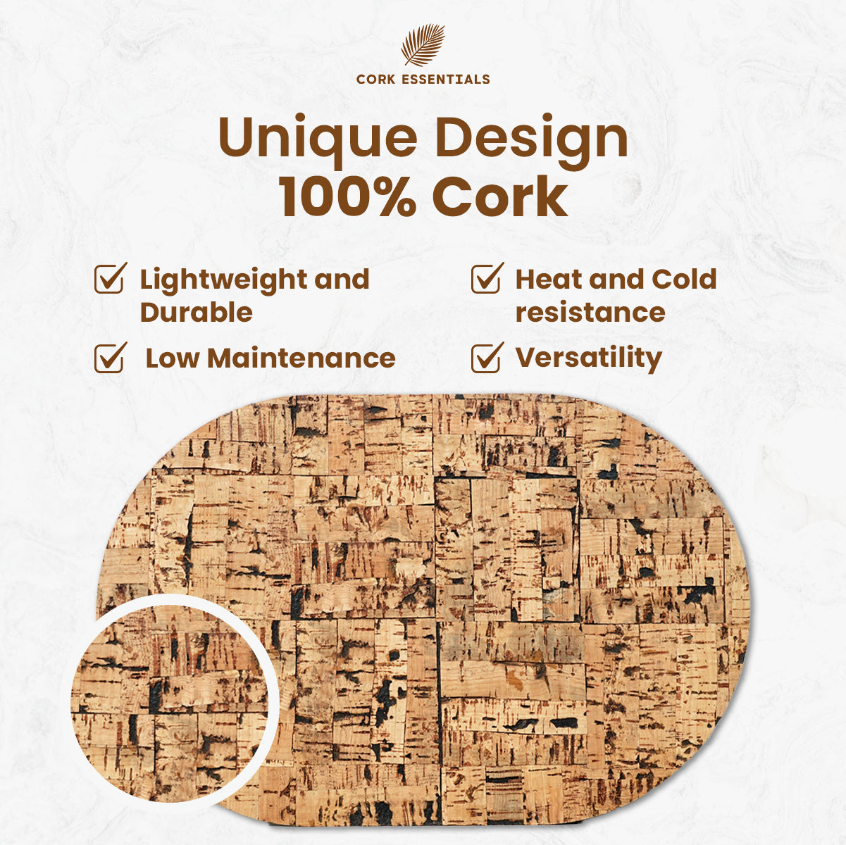 Cork mat with features listed on a white background, branded as Cork Essentials.