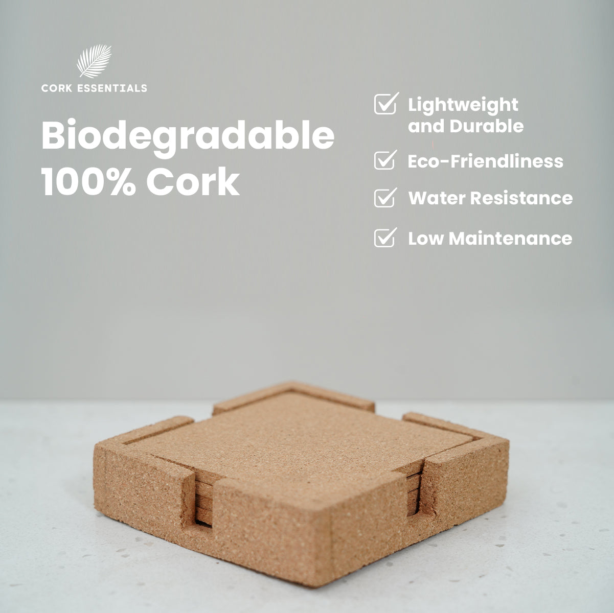 Cork coaster set with biodegradable and eco-friendly properties on a light gray background.