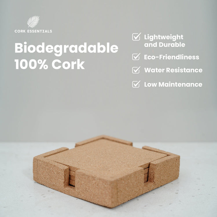 Cork coaster set with biodegradable and eco-friendly properties on a light gray background.