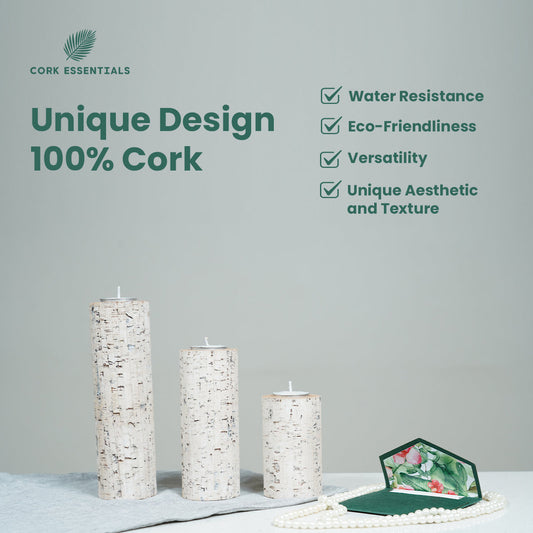 Three cylindrical candles with bark-like texture and a purple flower on a white background