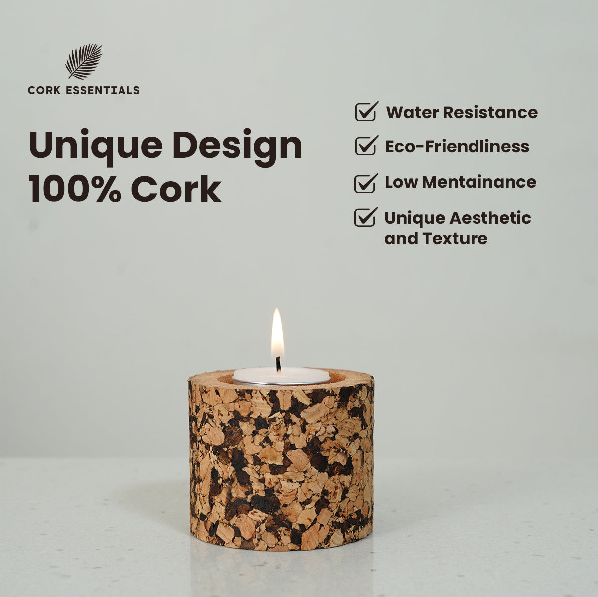 Cork candle holder with a lit candle on a light gray background, featuring Cork Essentials branding.
