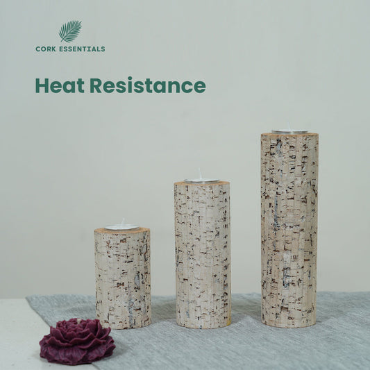 Three cylindrical candles with bark-like texture and a purple flower on a white background