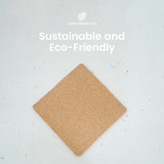 Cork coasters and a cork tray with 'Cork Essentials' branding on a light gray background.