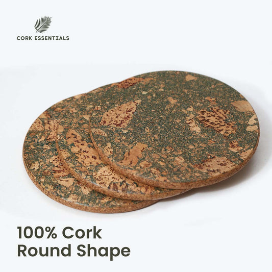 Set of three round cork coasters with a natural pattern on a white background