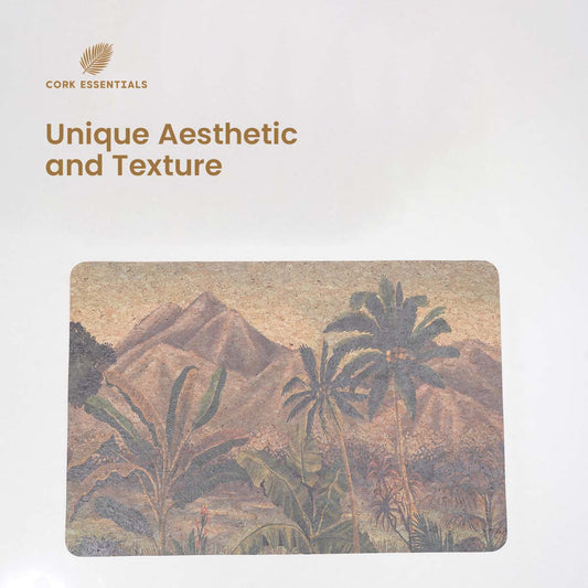 Rectangular mat with a tropical design featuring palm trees and mountains on a beige background.