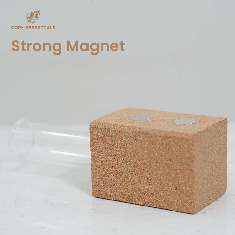 Cork block with a strong magnet on a white background, branded as Cork Essentials.