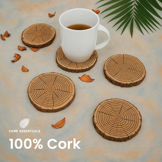 Set of three tree-ring patterned coasters with a glass of dark liquid on a white background