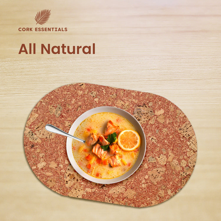 Cork placemat with a bowl of soup on a wooden surface, featuring the 'Cork Essentials' brand.