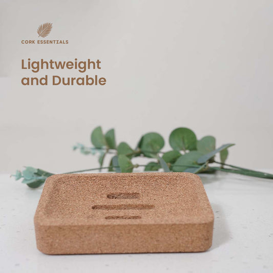 Rectangular cork soap dish on a white background