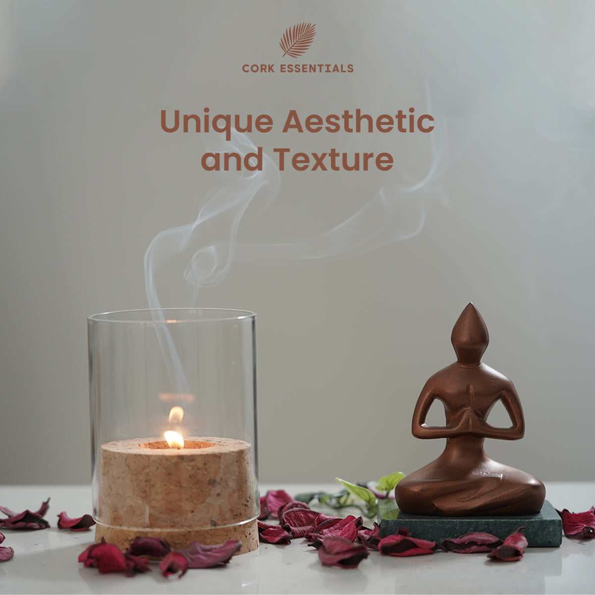 Cork candle and statue on a table with 'Cork Essentials' branding.
