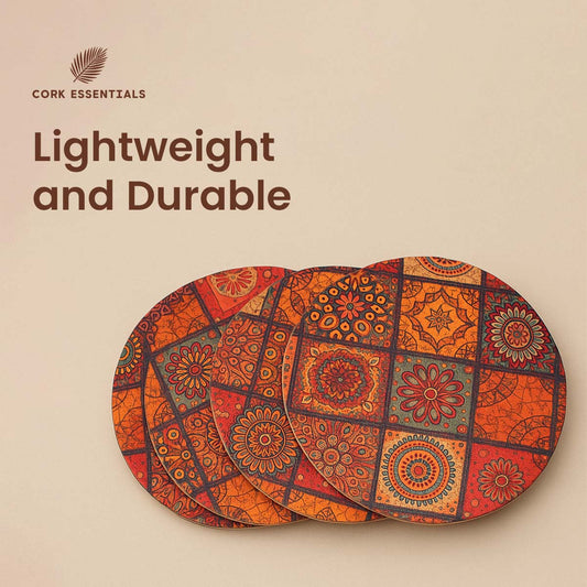 Set of colorful oval placemats with pattern on a white background