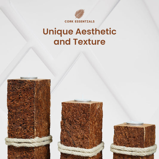 Three square-shaped candle holders made of cork with rope around them on a white background.