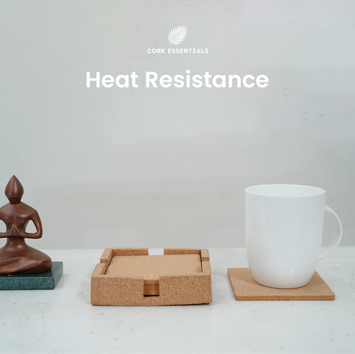 Cork coaster set with a white mug on a light gray background, featuring 'Cork Essentials' brand.