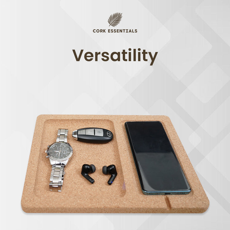 Cork tray with a watch, phone, earbuds, and car key on a white background with 'Cork Essentials' branding.