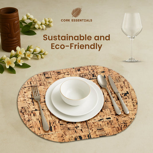 Oval-shaped cork placemat on a white background