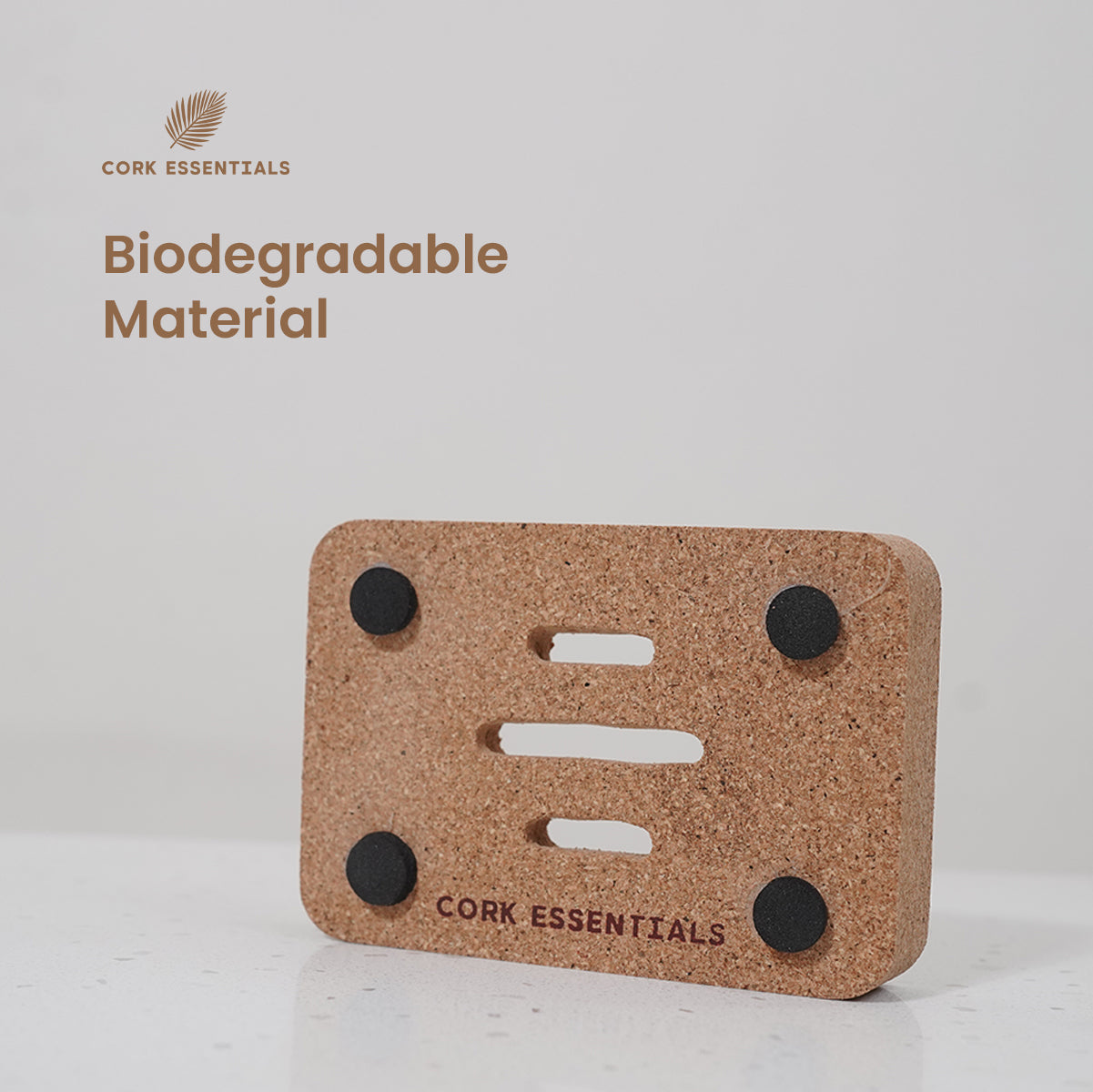 Cork coaster with magnetic properties on a light background, branded as Cork Essentials.