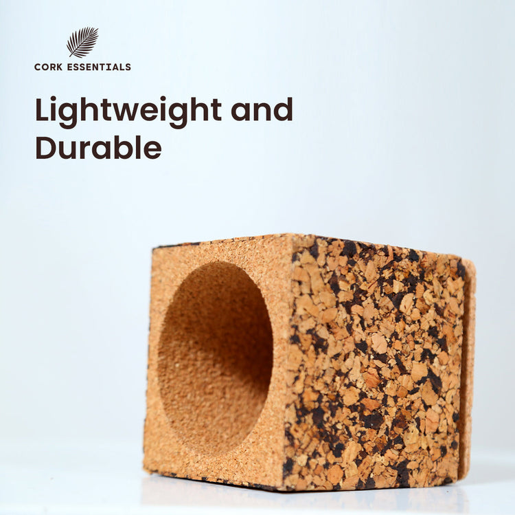 Cork block with 'Cork Essentials' branding and text 'Lightweight and Durable' on a light background.