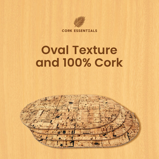 Oval-shaped cork placemat on a white background