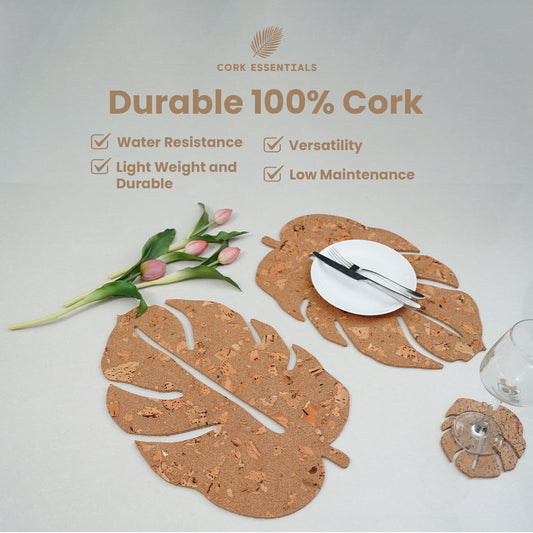 Cork coaster with leaf design on a white background