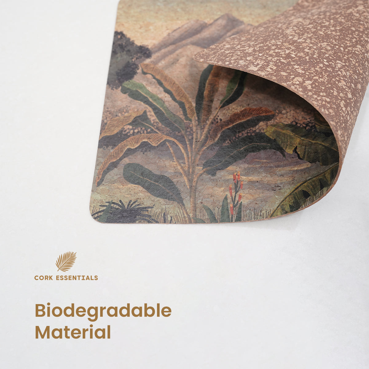 Roll of cork material with nature design on a white background, featuring Cork Essentials branding.