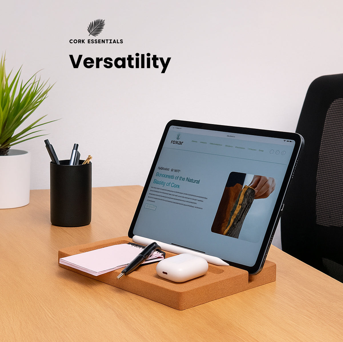 Tablet on a wooden stand with office supplies on a desk, featuring Cork Essentials branding.