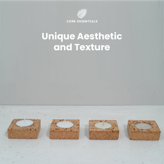 Four cork coasters with embedded candles on a white background