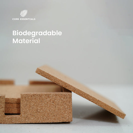 Cork coasters and a cork tray with 'Cork Essentials' branding on a light gray background.