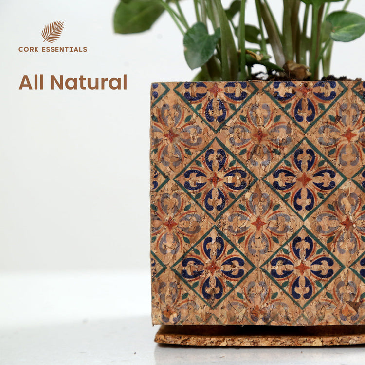 Decorative cork product with floral pattern and 'Cork Essentials' branding on a white background.