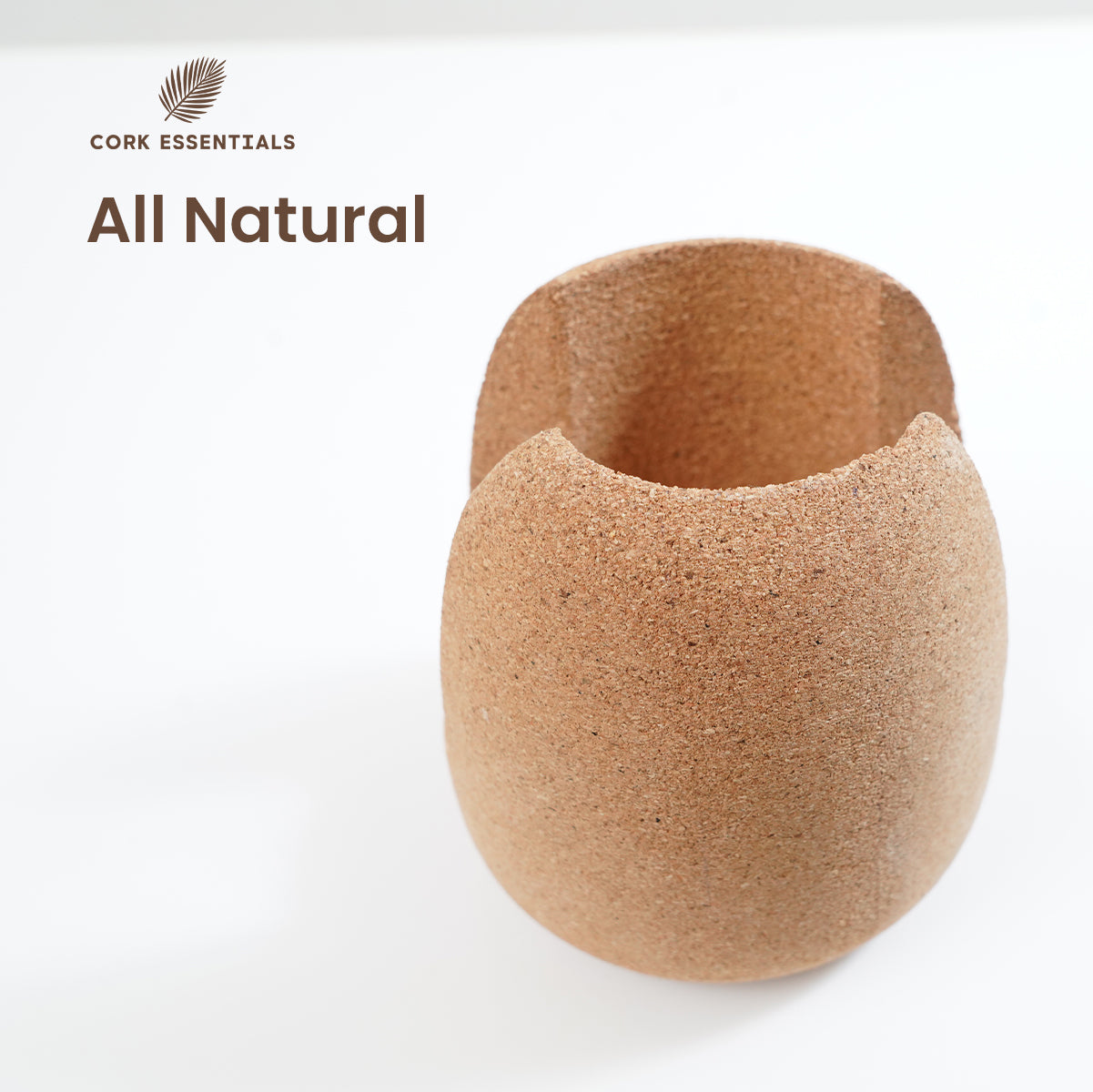 Cork cup with 'Cork Essentials' branding on a white background