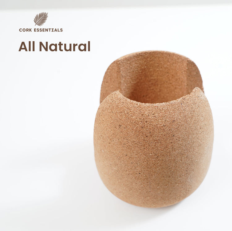 Cork cup with 'Cork Essentials' branding on a white background