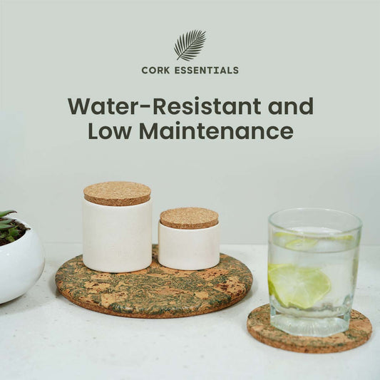 Set of three round cork coasters with a natural pattern on a white background