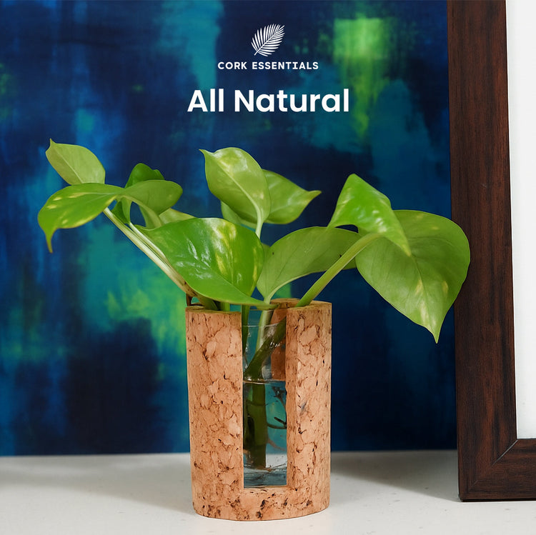 Cork vase with a plant against a blue abstract background, featuring the Cork Essentials brand.