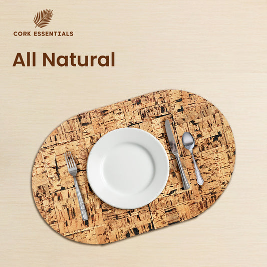 Oval-shaped cork placemat on a white background