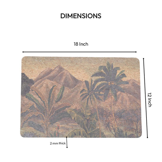 Rectangular mat with a tropical design featuring palm trees and mountains on a beige background.