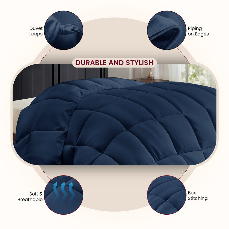 Navy blue duvet with features highlighted on a white background
