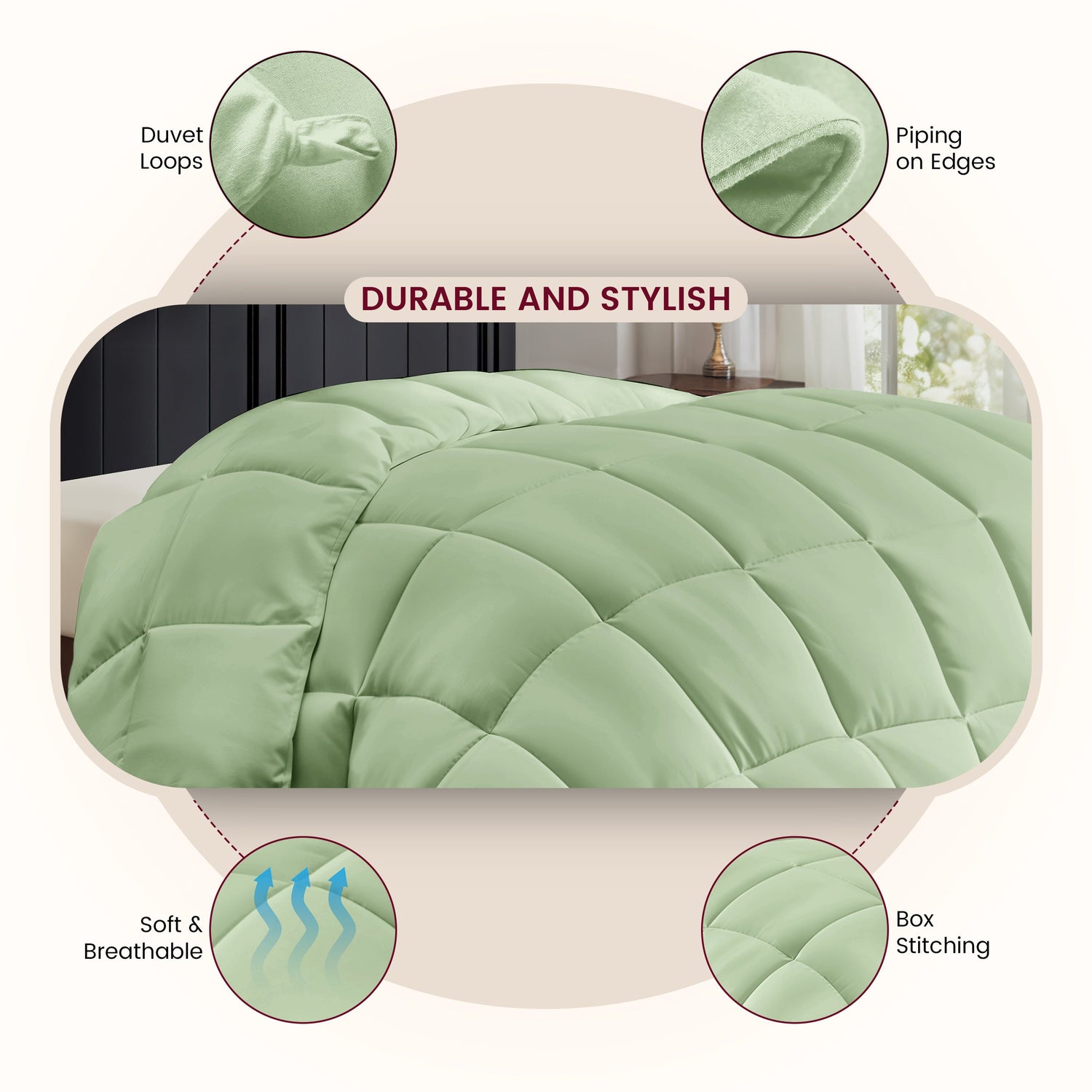 Green duvet with features highlighted on a white background