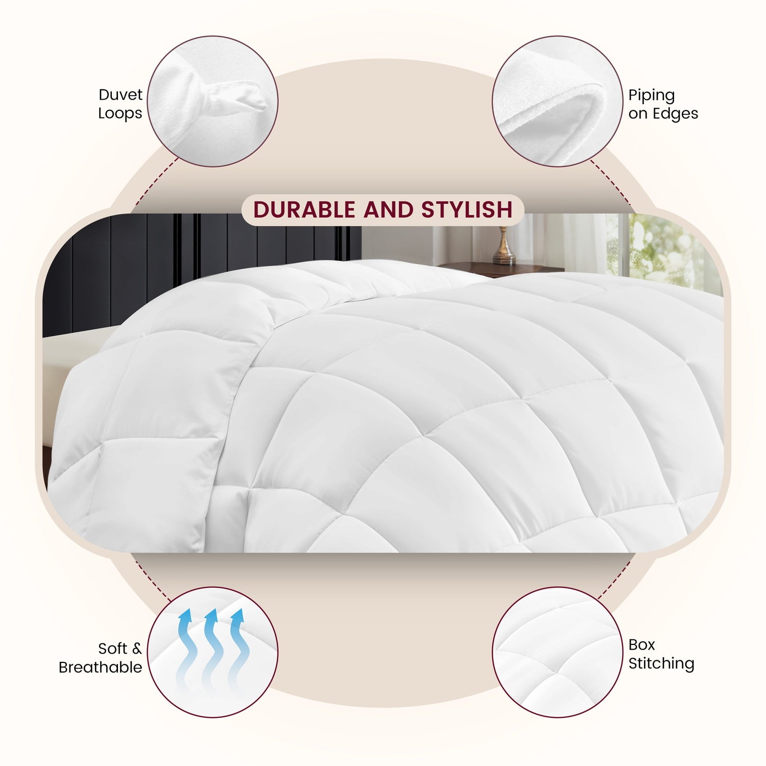White quilt with features highlighted on a neutral background