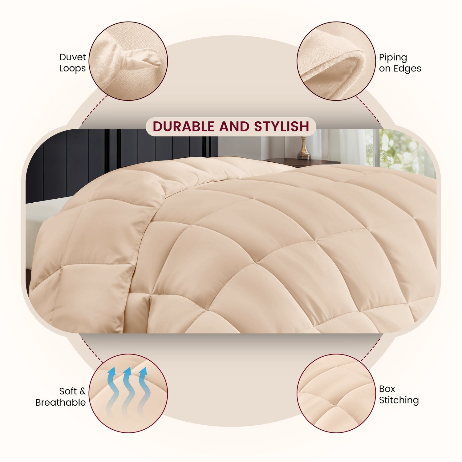 Beige duvet with features highlighted on a white background