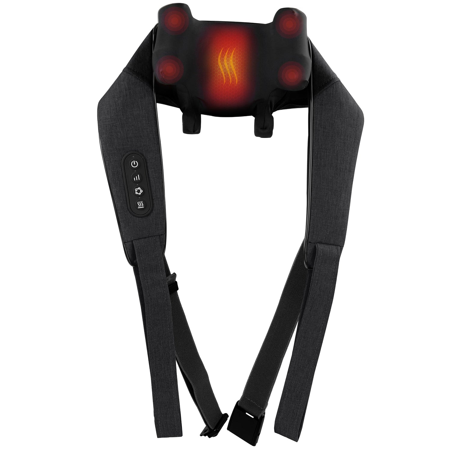 Black neck and shoulder massager with heating element on a white background