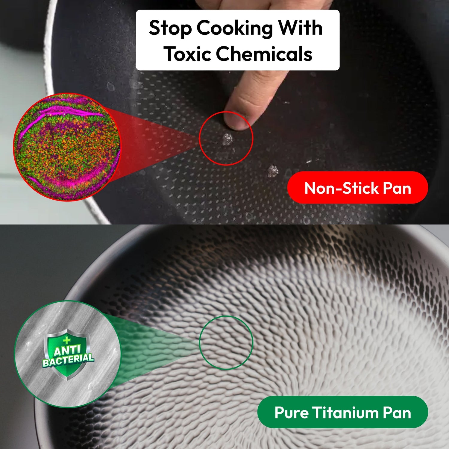 Comparison of a non-stick pan with toxic chemicals and a pure titanium pan labeled 'Anti-Bacterial'.
