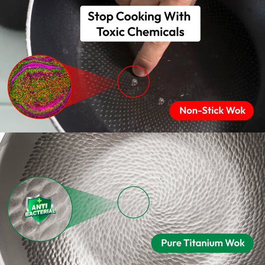 Stainless steel frying pan with textured surface on a white background