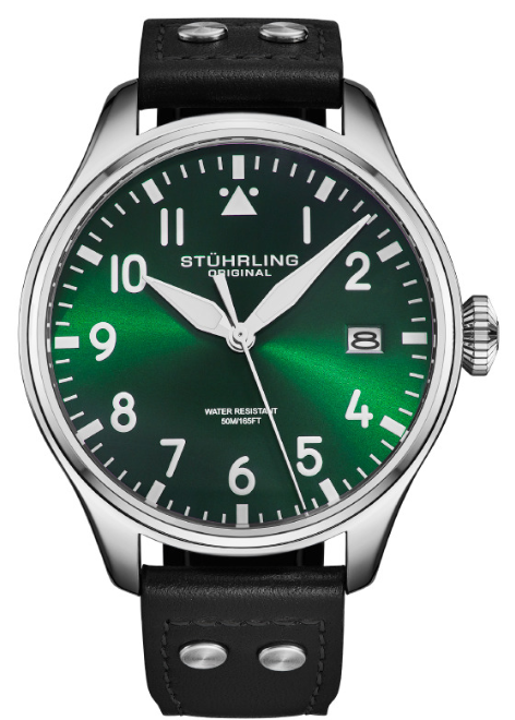 Stuhrling watch with green face and black leather strap on white background