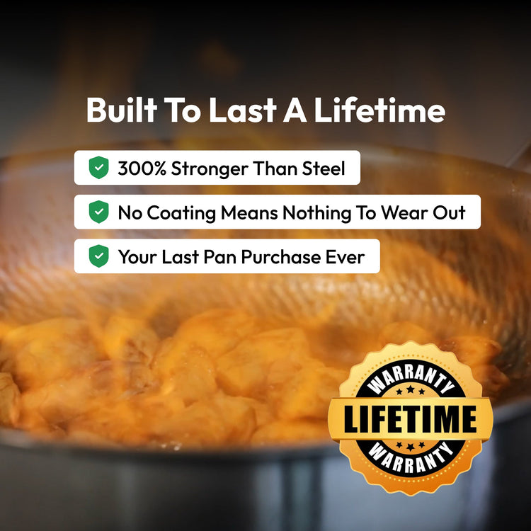 Promotional image of a pan with text highlighting its durability and a lifetime warranty badge.